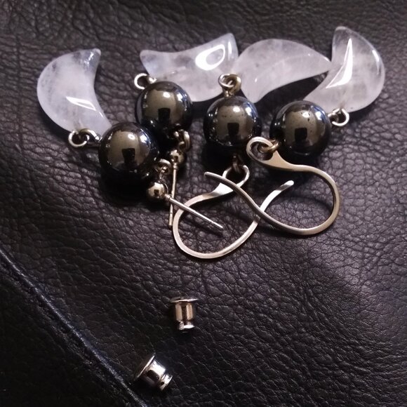 Emotional Balance: Handmade Quartz Moon & Hematite Dangle Earrings - Picture 12 of 13